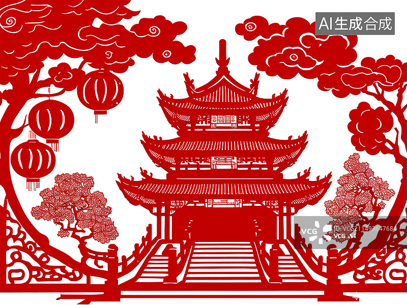 【AI数字艺术】古建筑园林剪纸红色黑色蓝色图片素材