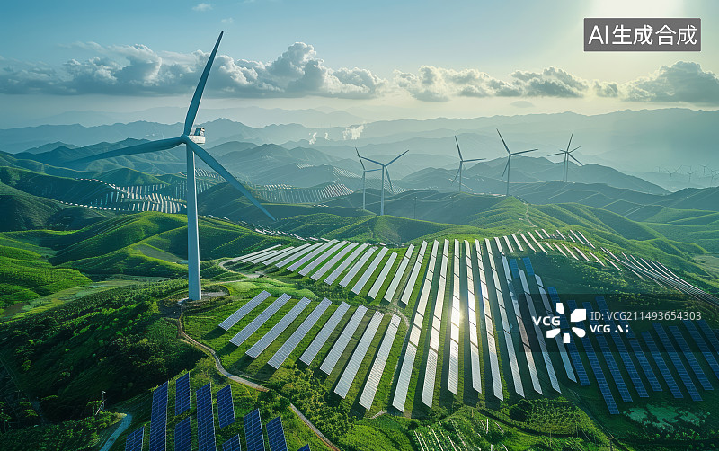 【AI数字艺术】山区的光伏板和风轮机新能源主题背景图片素材