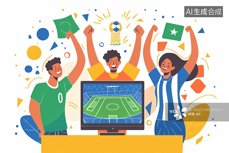 【AI数字艺术】足球比赛胜利后球迷狂欢庆祝扁平插画图片素材