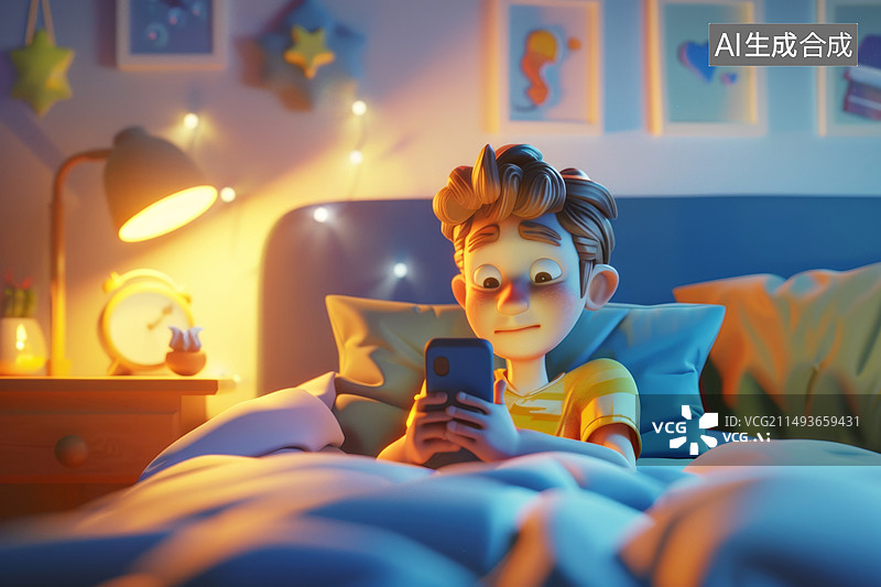 【AI数字艺术】熬夜玩手机的3D卡通人物插画图片素材