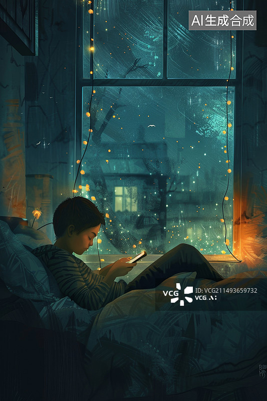 【AI数字艺术】熬夜玩手机的人物插画图片素材