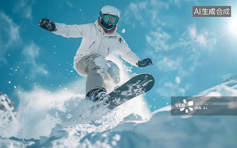 【AI数字艺术】晴朗的天空下一个人在自由的滑雪图片素材
