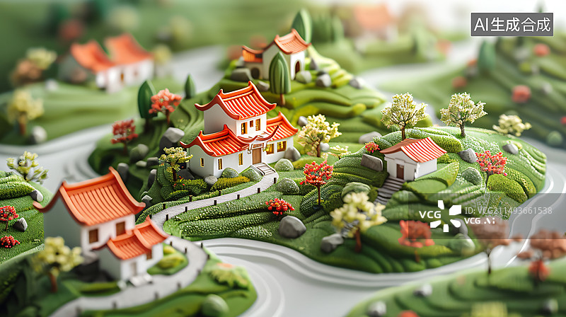【AI数字艺术】微缩场景，森林中的村庄图片素材