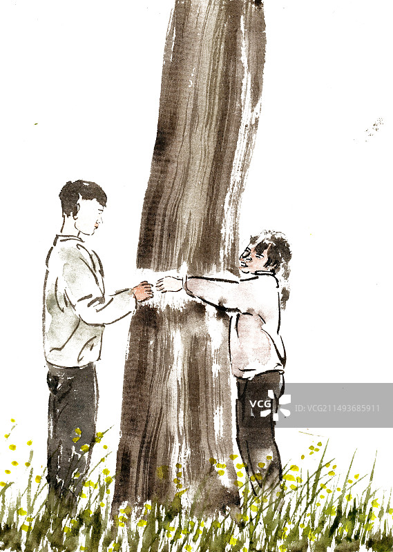 抱树的儿童图片素材