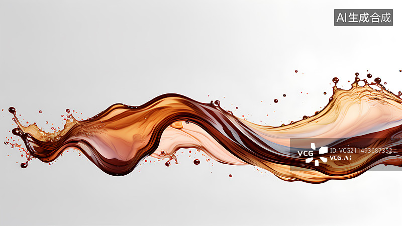 【AI数字艺术】白色背景上流动飞贱的咖啡，可乐，红茶，乌龙茶，酒，黄褐色液体水花，泼洒，波浪，水滴，水珠特写图片素材