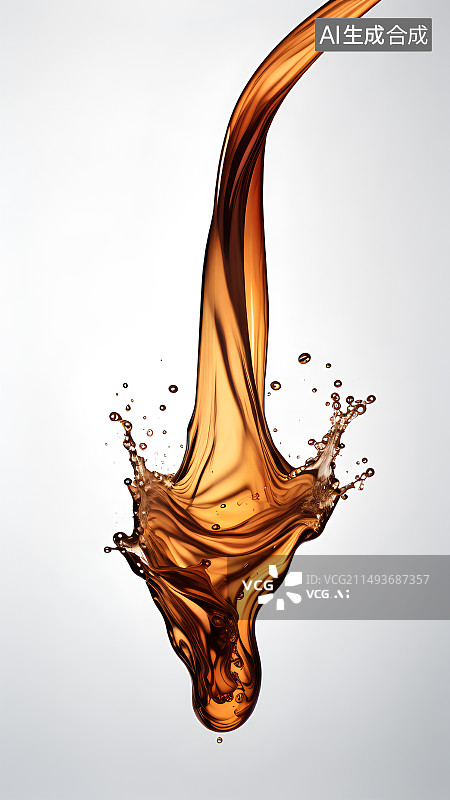 【AI数字艺术】白色背景上流动飞贱的咖啡，可乐，红茶，乌龙茶，酒，黄褐色液体水花，泼洒，波浪，水滴，水珠特写图片素材
