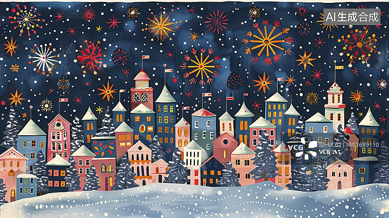 【AI数字艺术】蓝色小镇烟花插画海报背景图片素材