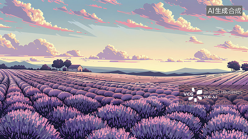 【AI数字艺术】清晨的薰衣草田抽象插画海报背景图片素材