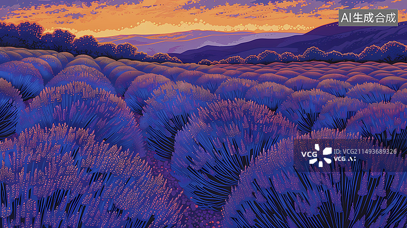 【AI数字艺术】清晨的薰衣草田抽象插画海报背景图片素材