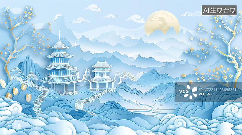 【AI数字艺术】剪纸风格中国山水插画图片素材