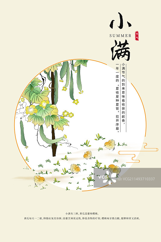 中国风二十四节气插画海报模版-夏天 藤上的黄瓜和小鸡 应季蔬菜水果风景 古风窗口小清新插画 竖版图片素材