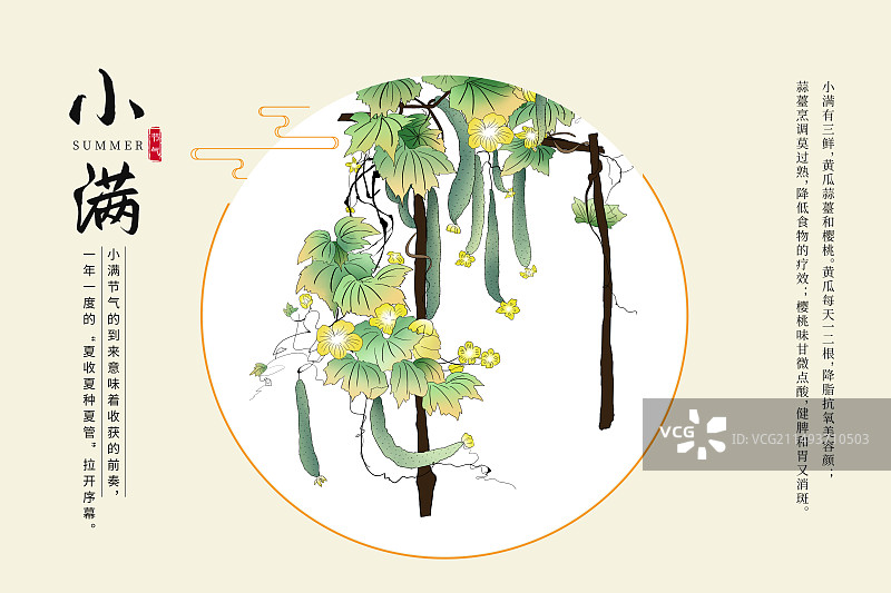 中国风二十四节气插画海报模版-夏天 藤上的黄瓜 应季蔬菜水果风景 古风窗口小清新插画 横版图片素材