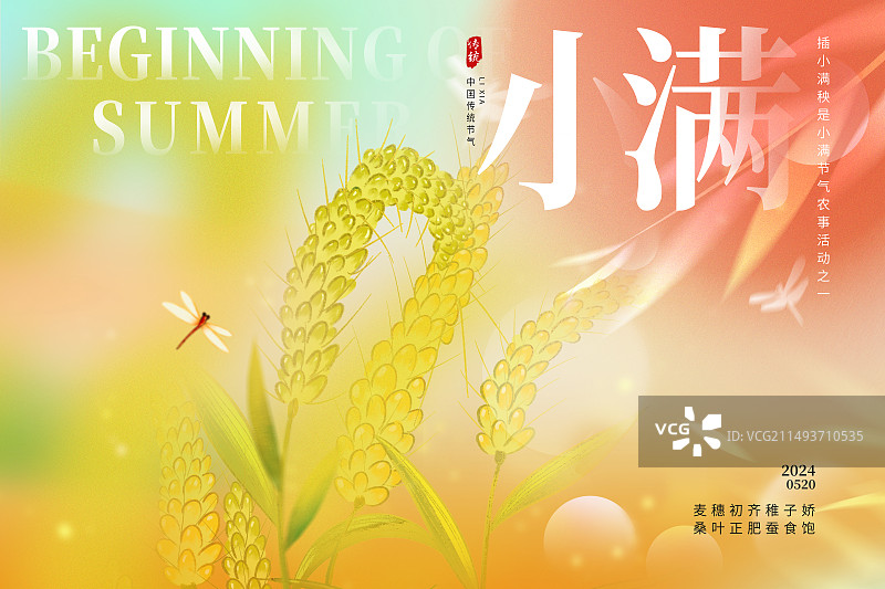 弥散风二十四节气系列插画海报模版-夏天 小满  运动模糊背景 风吹麦穗小清新插画  横版图片素材