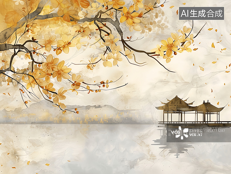 【AI数字艺术】金秋桂花新中式风景水墨画图片素材