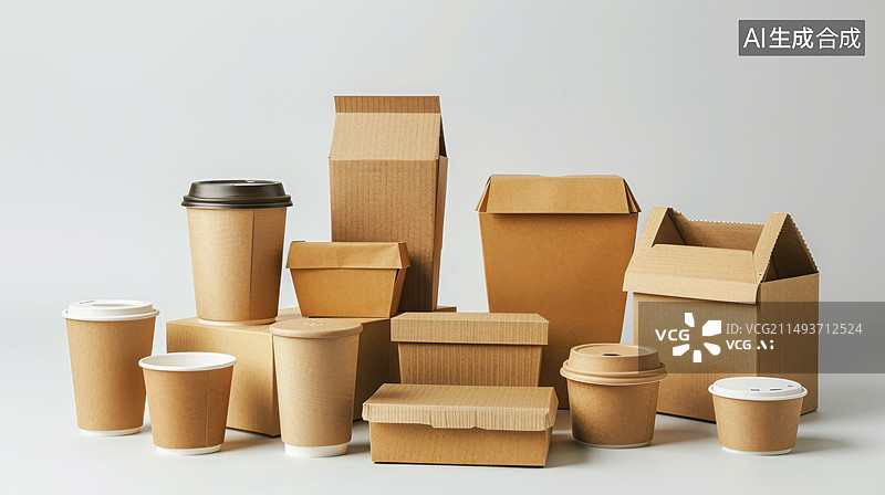 【AI数字艺术】一次性环保纸杯纸盒纸包装 白色背景图片素材