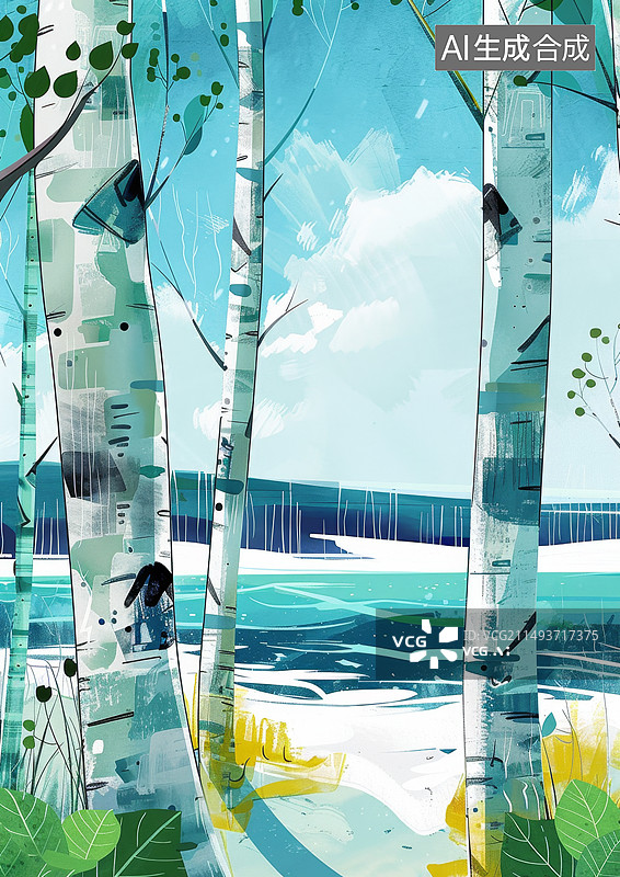 【AI数字艺术】湖水中的白桦树林插画图片素材
