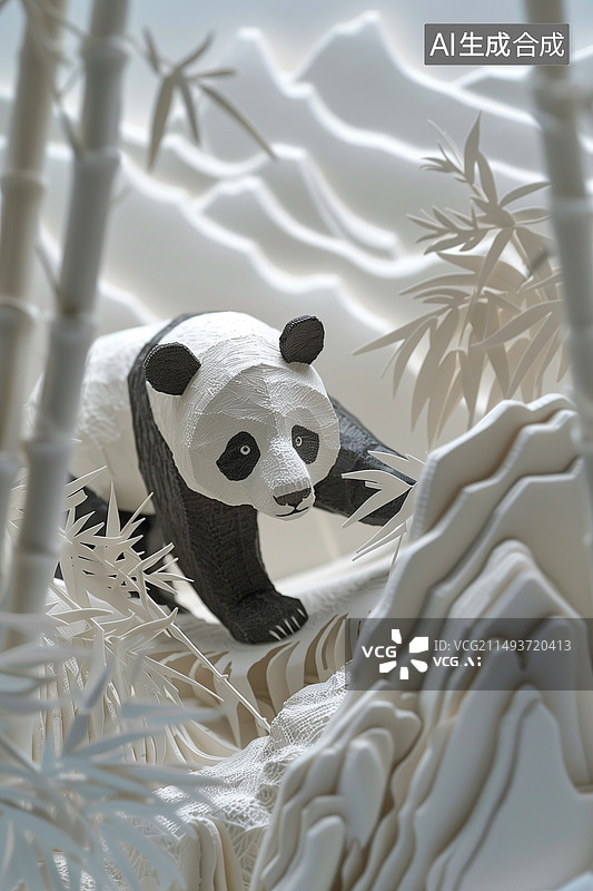【AI数字艺术】竹林里池塘边的国宝大熊猫纸雕插画图片素材