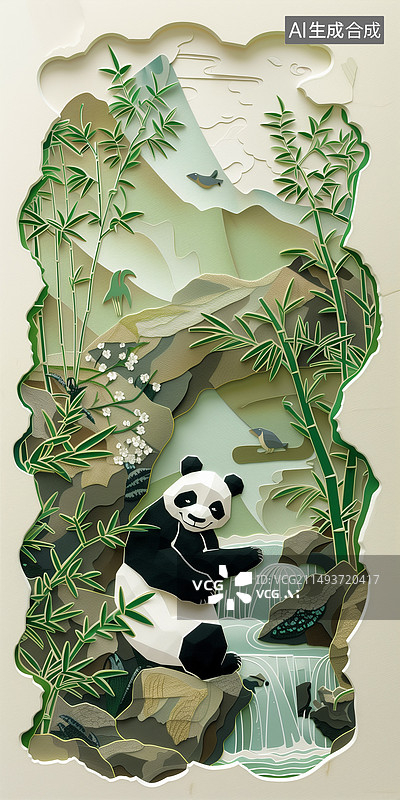 【AI数字艺术】竹林里池塘边的国宝大熊猫纸雕插画图片素材