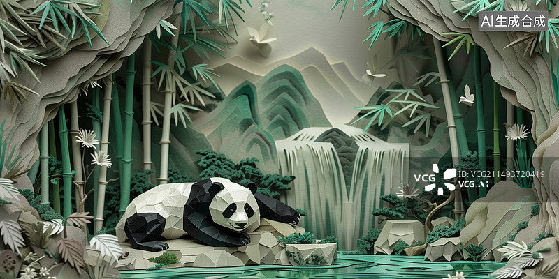 【AI数字艺术】竹林里池塘边的国宝大熊猫纸雕插画图片素材