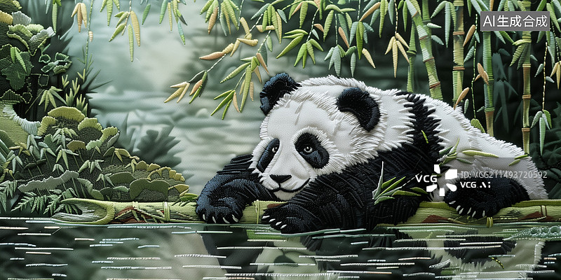 【AI数字艺术】竹林里的国宝大熊猫写实丝绸刺绣插画图片素材