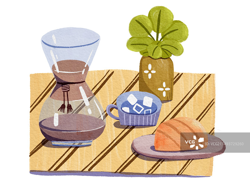 水粉手绘下午茶面包和植物图片素材