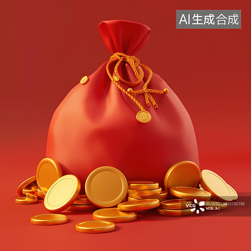 【AI数字艺术】红色背景下的金币和算盘图片素材