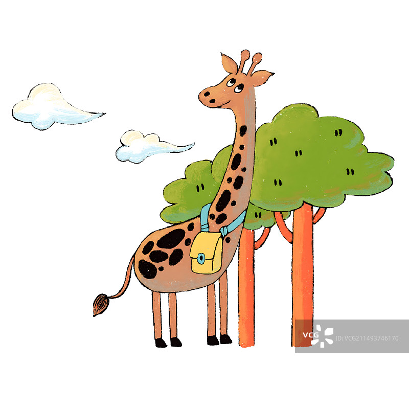 手绘蜡笔风可爱的长颈鹿和树木图片素材