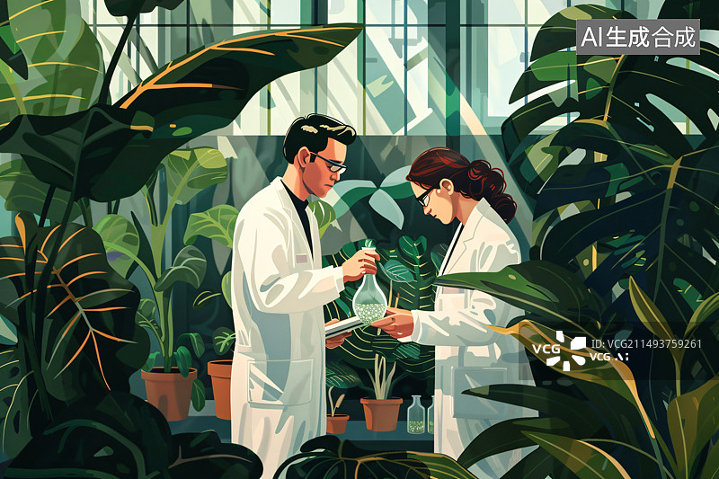 【AI数字艺术】两个科学家在室内研究植物图片素材