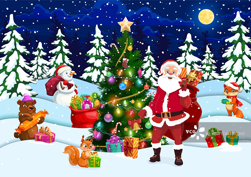 圣诞剪纸，冬日森林圣诞老人送礼图片素材