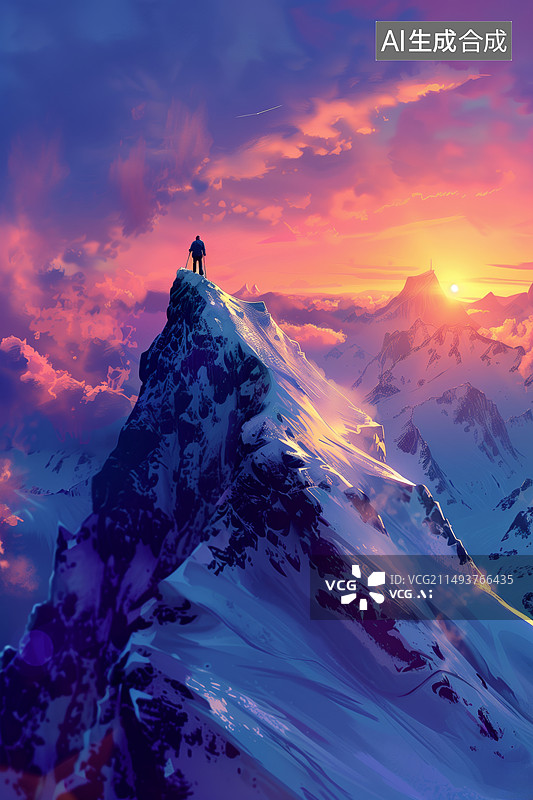 【AI数字艺术】竖版登山者攀登高峰的2d插画图片素材