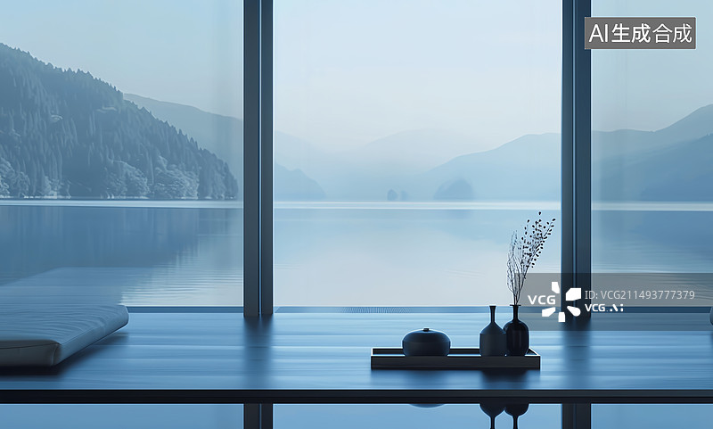 【AI数字艺术】中式禅意SPA落地窗湖景别墅图片素材