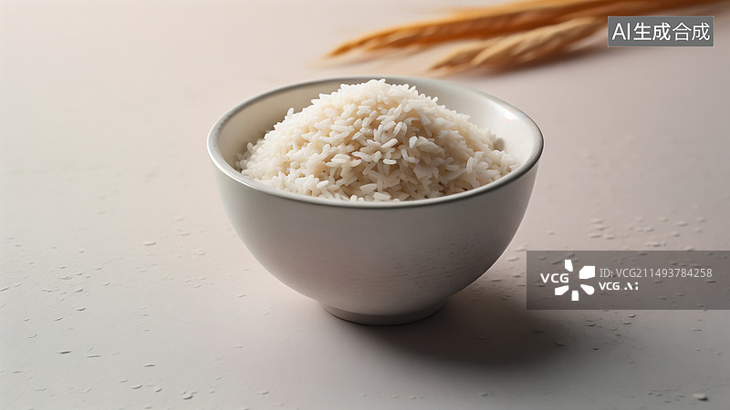 【AI数字艺术】桌子上碗里的米饭的高角度视图 碗里熟米饭简约背景棚拍图片素材