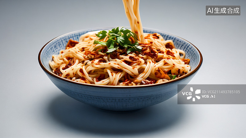【AI数字艺术】灰色背景下碗中葱花油泼面的特写镜头 西北面食小吃美食图片素材
