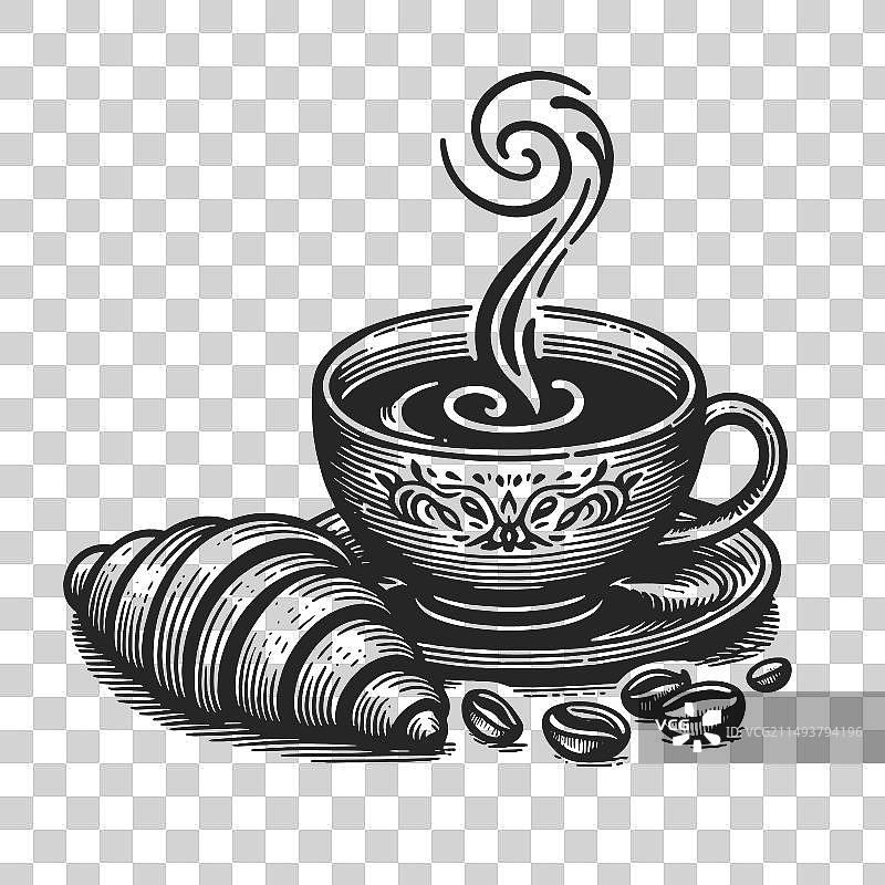 咖啡牛角面包早餐雕刻素描图片素材