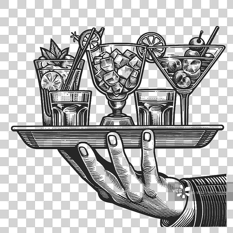 手持复古鸡尾酒托盘素描图片素材