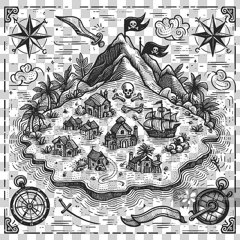 带有帆船的海盗藏宝图图片素材