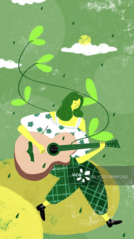 弹吉他的女孩扁平风肌理插画图片素材