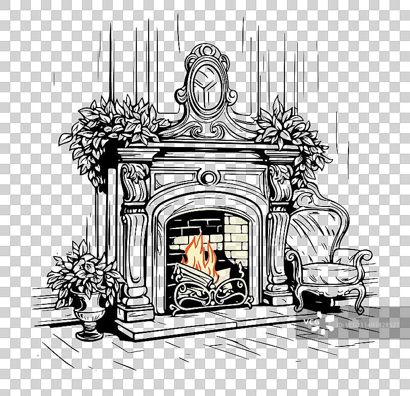 壁炉火焰线条艺术彩色草图图片素材