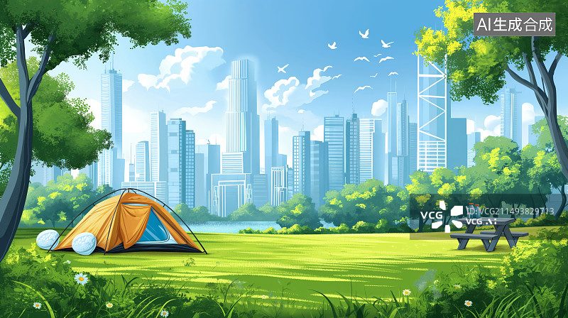 【AI数字艺术】城市背景的公园露营插画图片素材