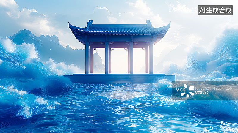 【AI数字艺术】云雾水面中的亭子图片素材