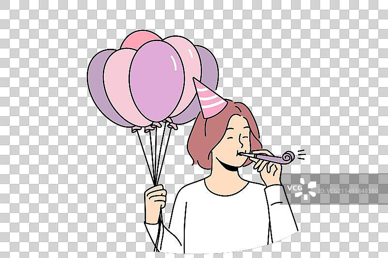 吹着口哨，拿着气球的快乐女孩图片素材