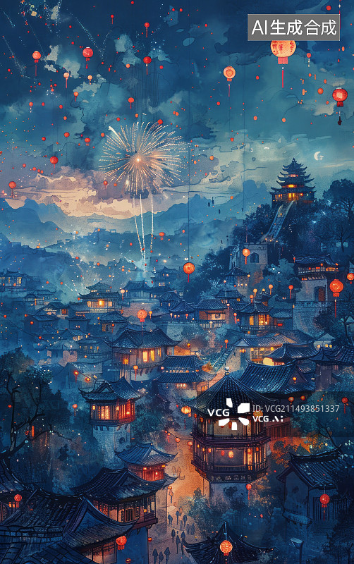 【AI数字艺术】复古的中国古建筑艺术插画图片素材