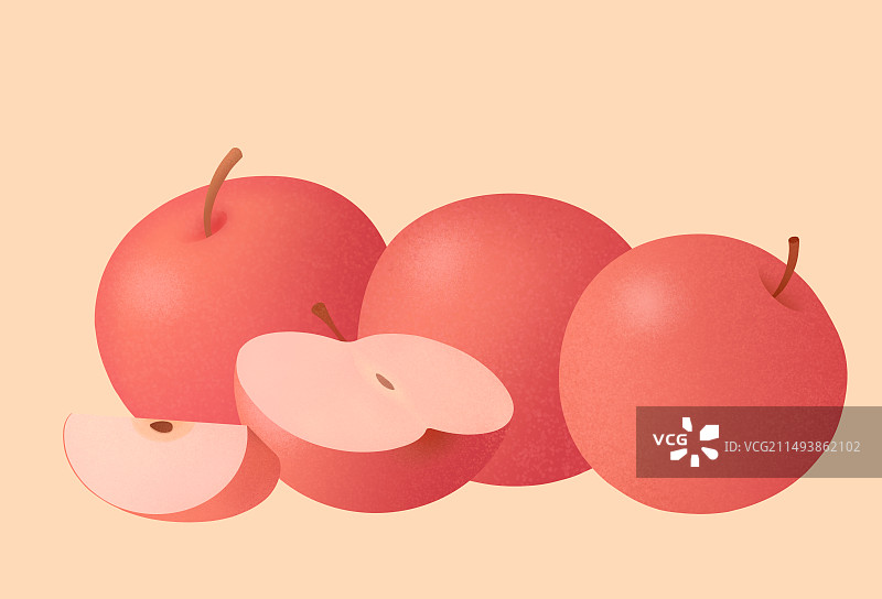 新鲜的红色大苹果与切开的果肉水果包装手绘写实插画图片素材