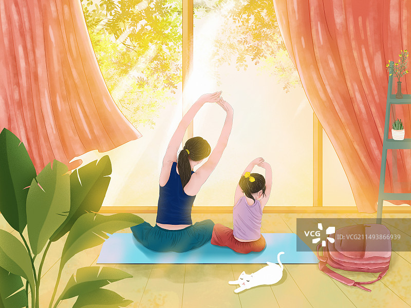 手绘治愈系风格感恩母亲节公益宣传插画 女儿和妈妈一起练瑜伽 温暖的阳光照进飘窗 横版图片素材