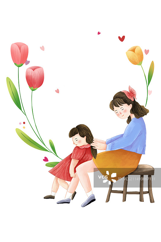 手绘清新风格感恩母亲节公益宣传插画 母亲给女孩梳头发 旁边围绕着郁金香花朵 竖版图片素材