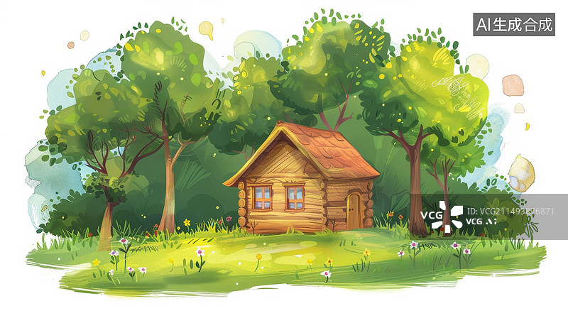 【AI数字艺术】森林里的木制房子模型图片素材