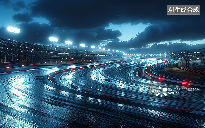 【AI数字艺术】赛车场赛道看台夜景背景图片素材