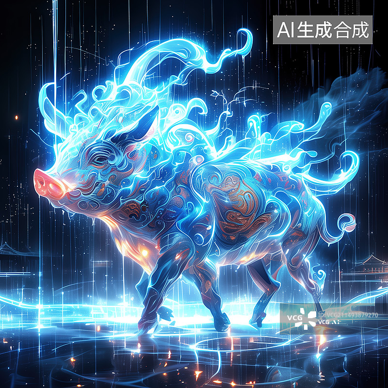【AI数字艺术】镭射线，十二生肖，猪，暗背景，科技风图片素材