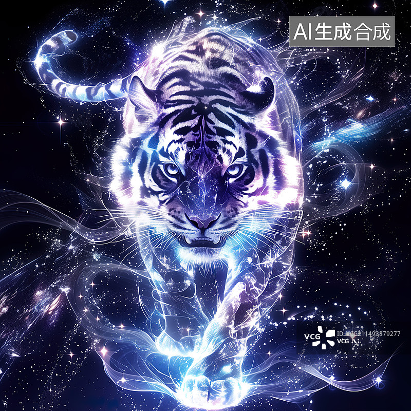 【AI数字艺术】镭射线，十二生肖，虎，暗背景，科技风图片素材
