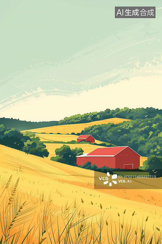 【AI数字艺术】田园农业背景图，芒种夏天稻谷，插画漫画卡通图片素材